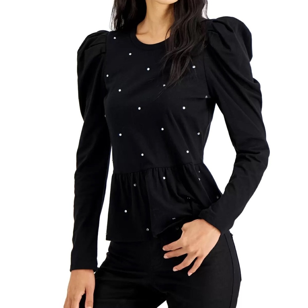INC INTERNATIONAL CONCEPTS Black Rhinestone Long Puff Sleeve Too Size Large NWT